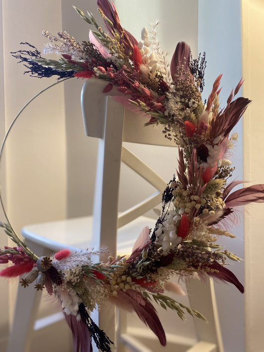 Couronne Moyen Modèle Fleurs et Plumes Rose | Prune _ Les Mains dans les Fleurs