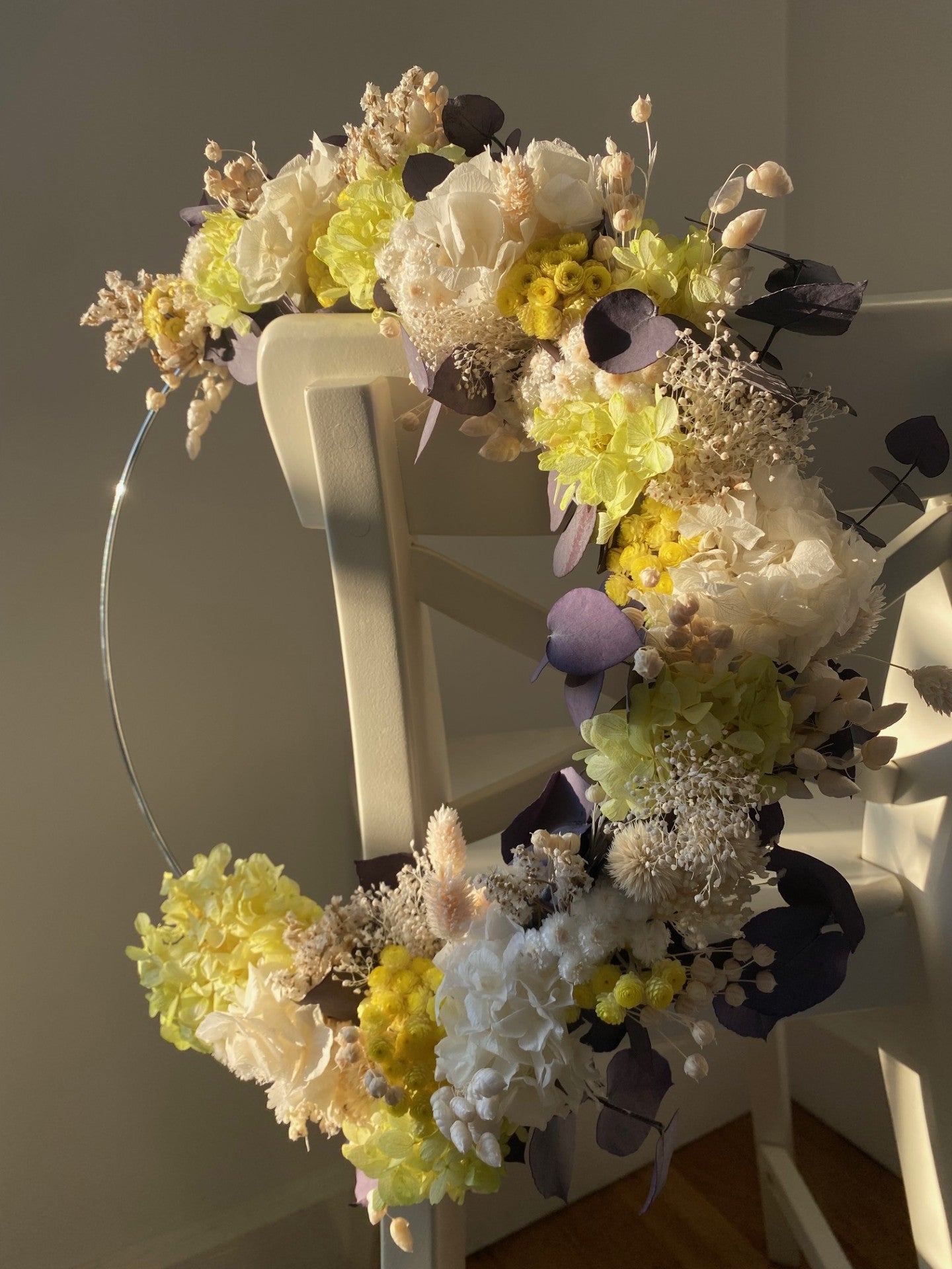 Couronne Petit Modèle Jaune | Blanc | Eucalyptus violet_ Les Mains dans les Fleurs