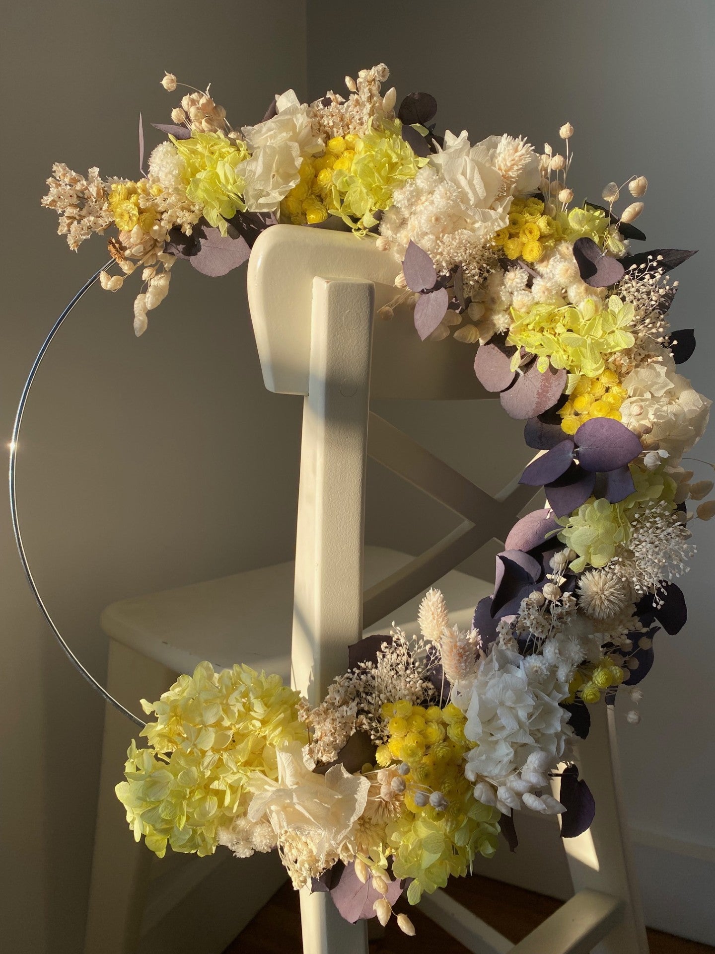 Couronne Petit Modèle Jaune | Blanc | Eucalyptus violet_ Les Mains dans les Fleurs