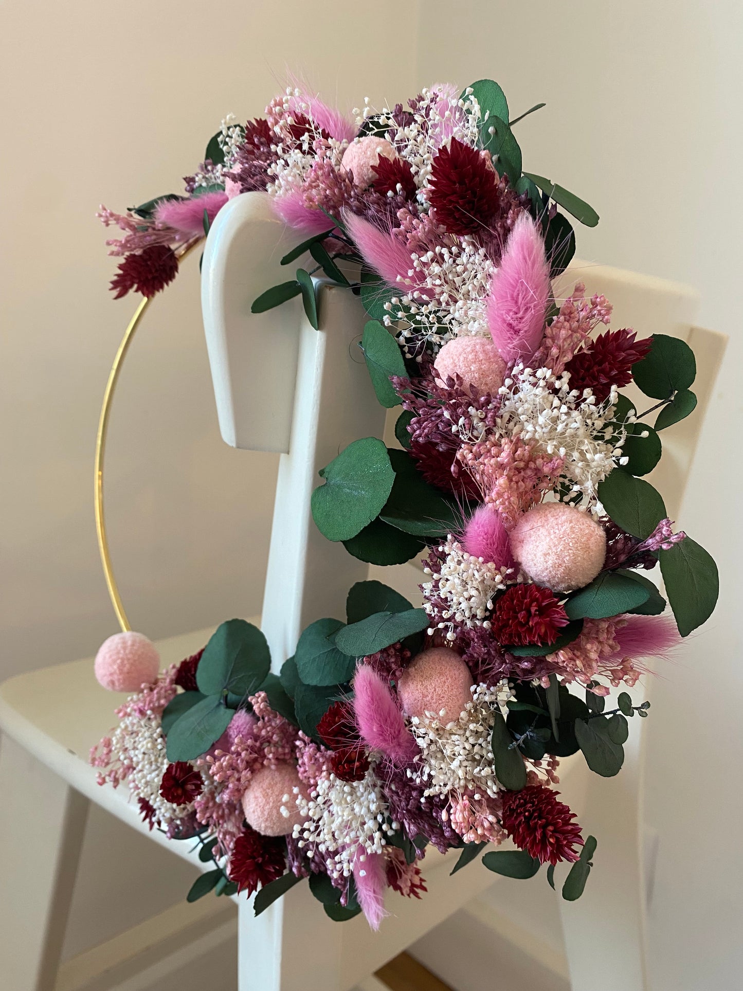 Couronne Petit Modèle Rose | Blanc | Bordeaux | Eucalyptus vert _ Les Mains dans les Fleurs