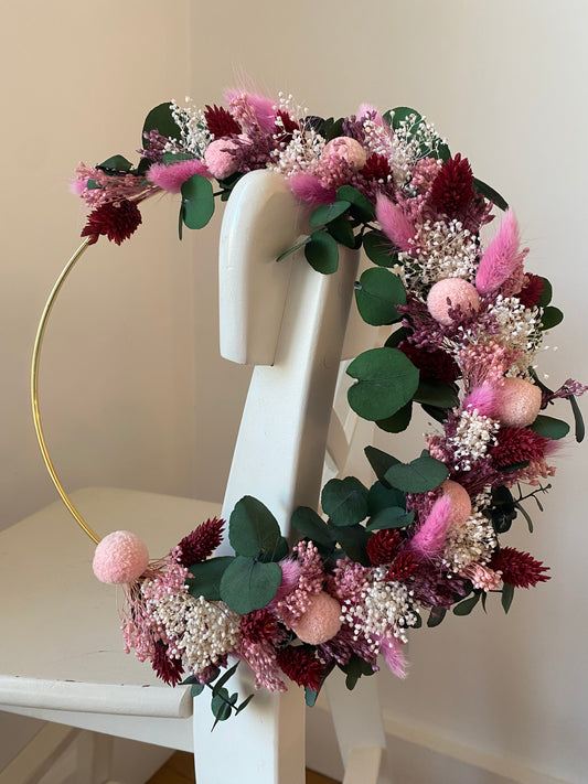 Couronne Petit Modèle Rose | Blanc | Bordeaux | Eucalyptus vert _ Les Mains dans les Fleurs